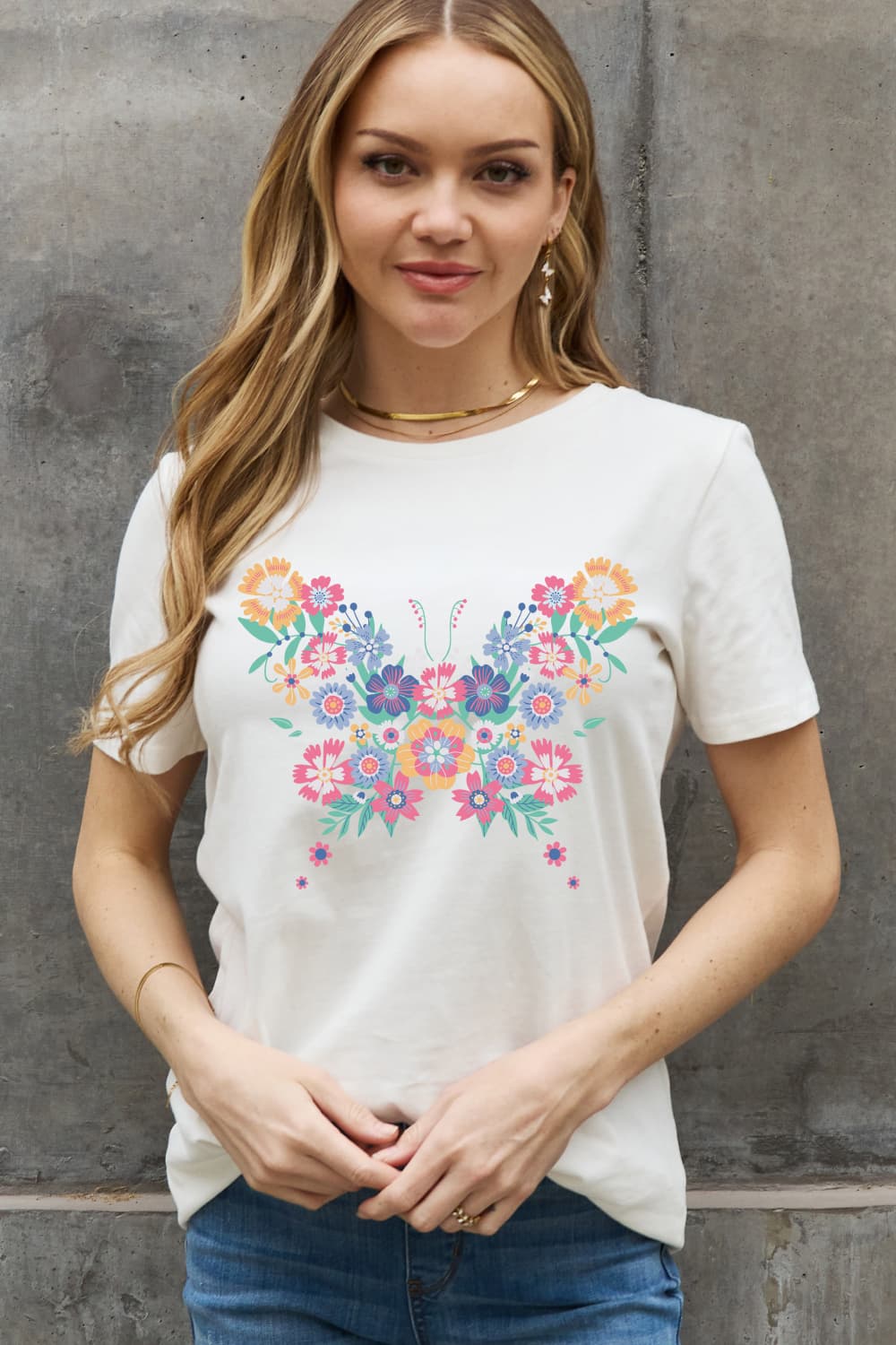 Simply Love Simply Love Full Size Flower Butterfly Graphic Cotton Tee-Jewearrings