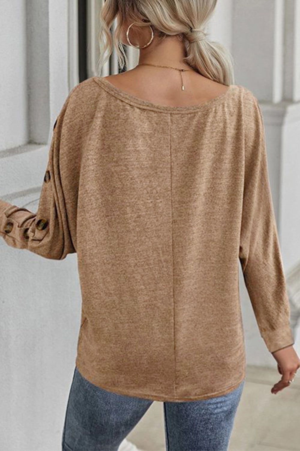 Boat Neck Buttoned Long Sleeve T-Shirt-Jewearrings