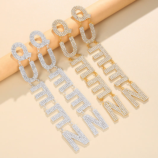 Queen Rhinestone Hoop Earrings Women's Long Letters-Jewearrings