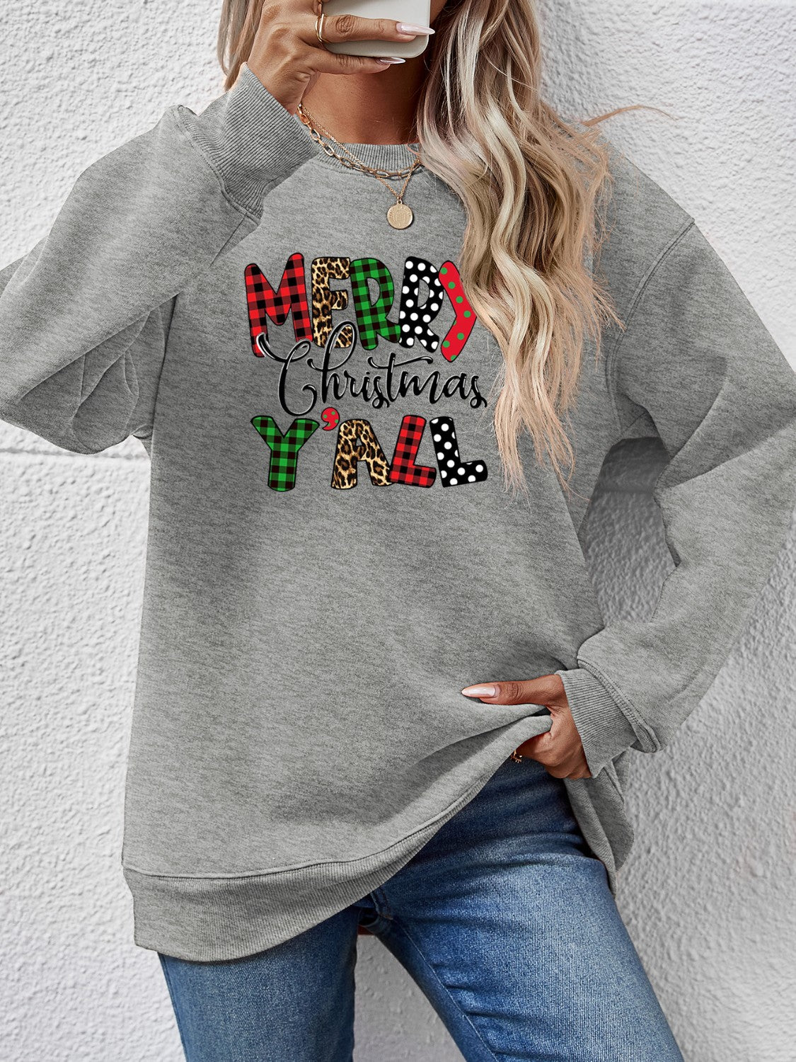 Letter Graphic Round Neck Long Sleeve Sweatshirt-Jewearrings