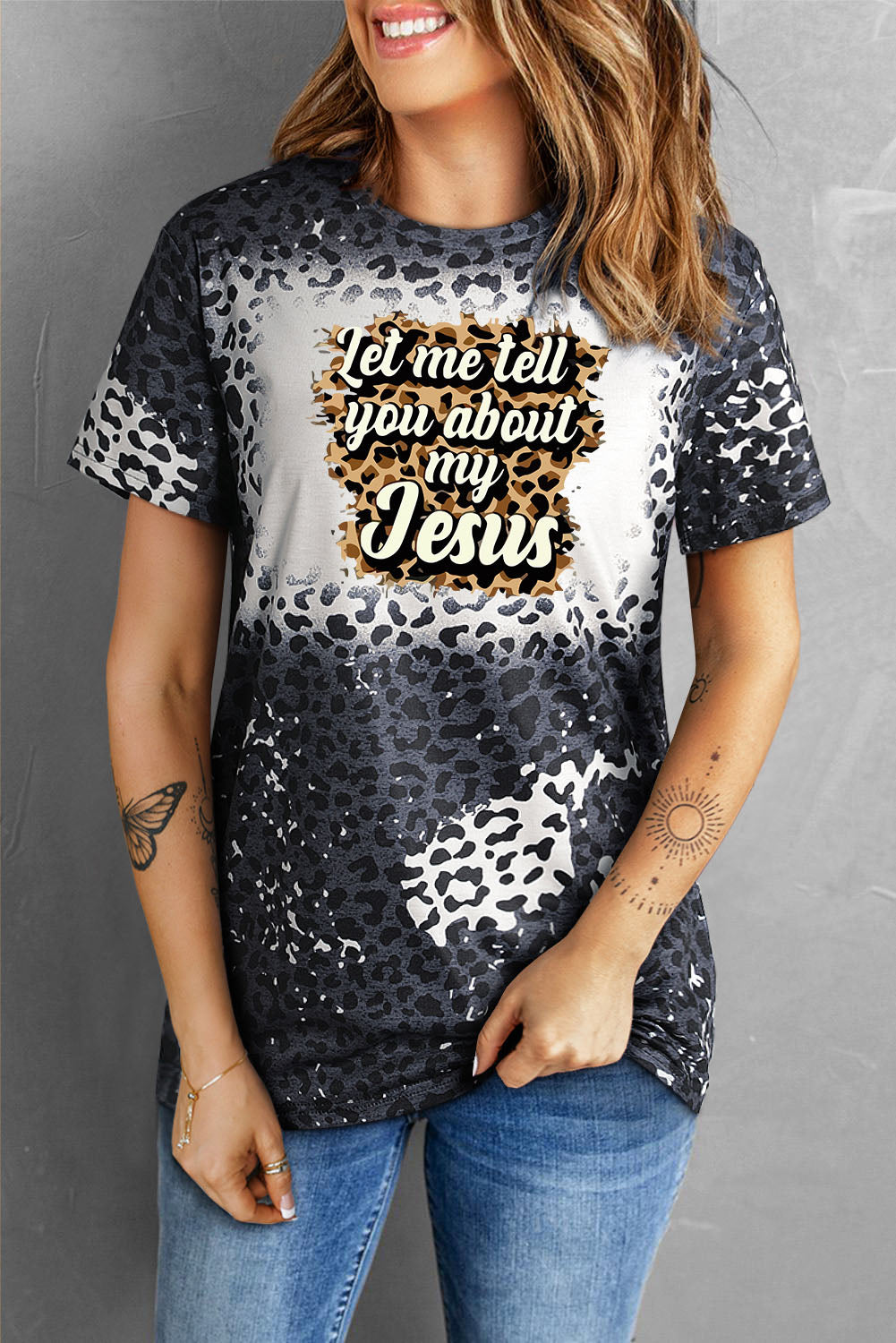 LET ME TELL YOU ABOUT MY JESUS Graphic Leopard Tee-Jewearrings