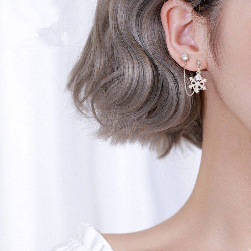 S925 Sterling Silver Earrings Female Snowflake Double Pierced Simple Personality-Jewearrings