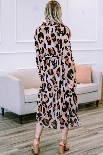 Plus Size Leopard Print Surplice Neck Long Sleeve Midi Dress-Jewearrings