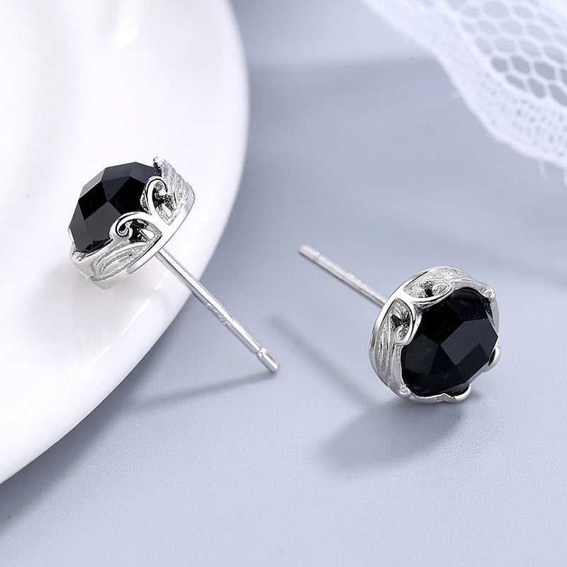 Vintage Geometric Black Agate Stud Earrings In Sterling Silver-Jewearrings