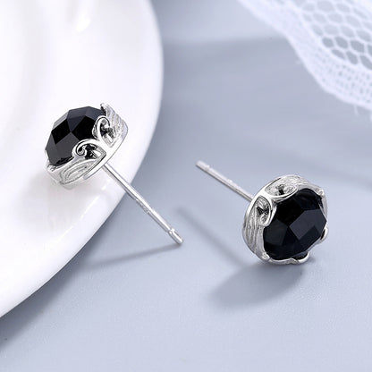 Vintage Geometric Black Agate Stud Earrings In Sterling Silver-Jewearrings