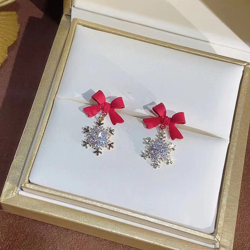 Silver Needle Zircon Snowflake Bow Earrings-Jewearrings