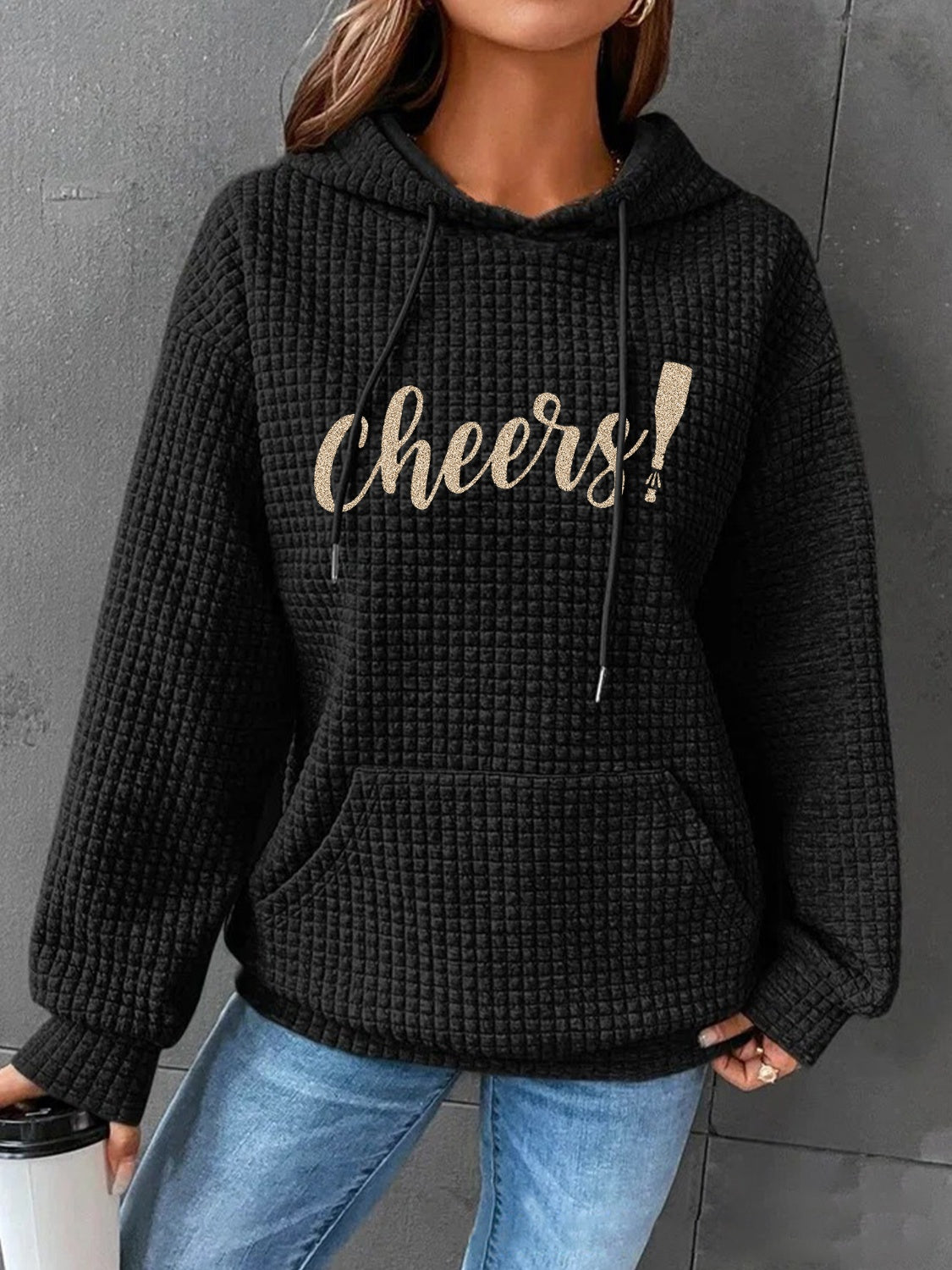 Full Size CHEERS Waffle-Knit Drawstring Hoodie-Jewearrings