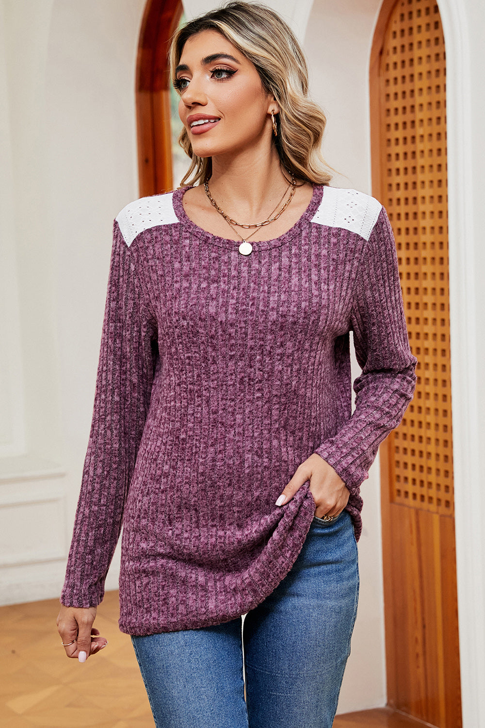 Eyelet Ribbed Round Neck Long Sleeve T-Shirt-Jewearrings