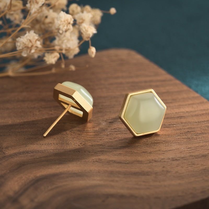 Women's Inlaid Hetian Jade Gray Jade Stud Earrings-Jewearrings