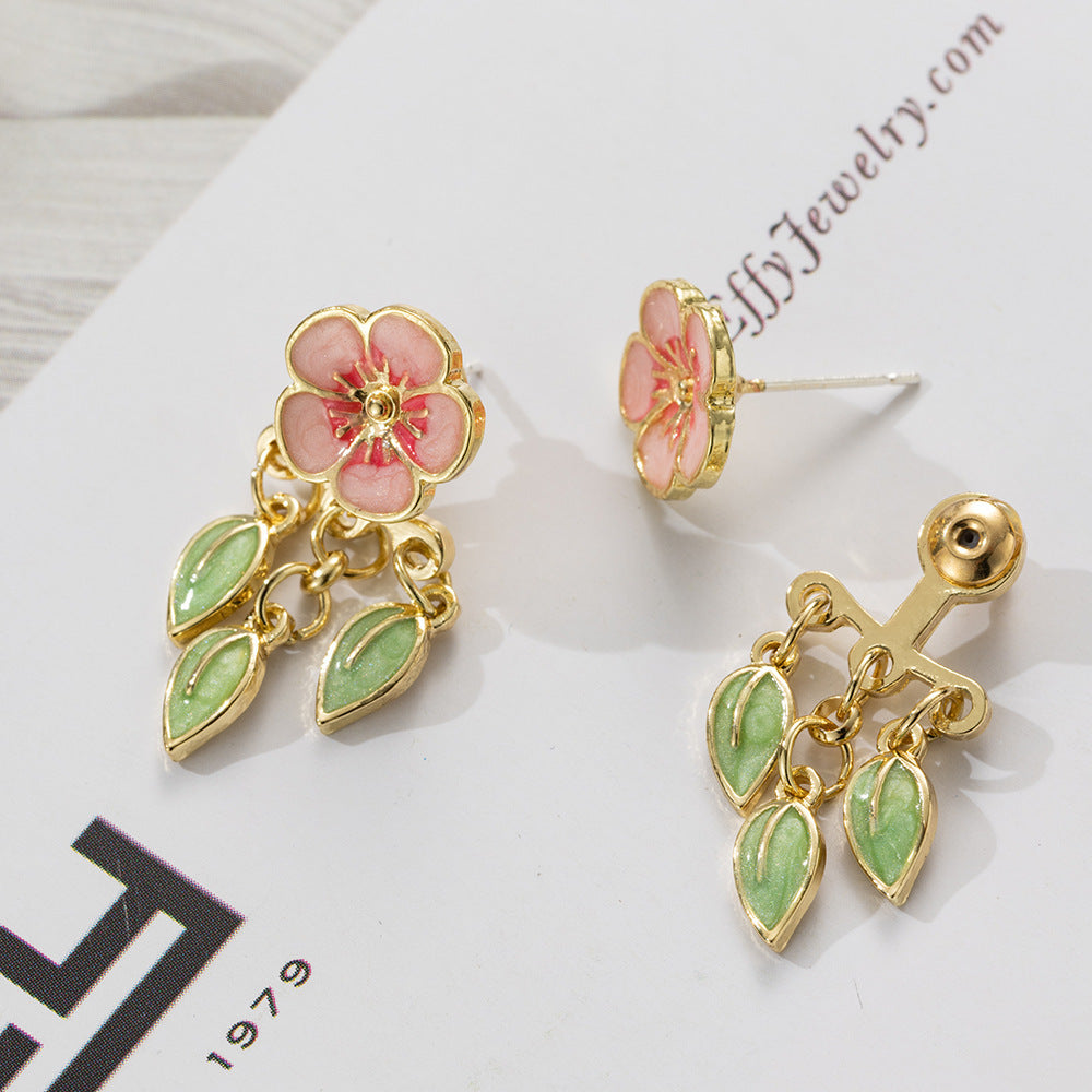 Special-interest Design Drop Oil Peach Blossom Leaf-shapepd Stud Earrings-Jewearrings