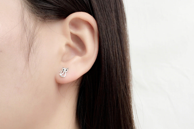 Sterling Silver Black Eye Cat Stud Earrings-Jewearrings