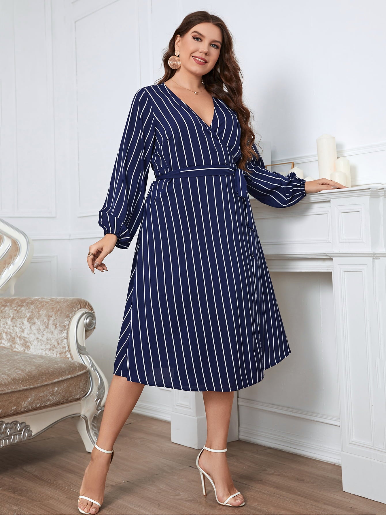 Melo Apparel Plus Size Striped Surplice Neck Long Sleeve Dress-Jewearrings