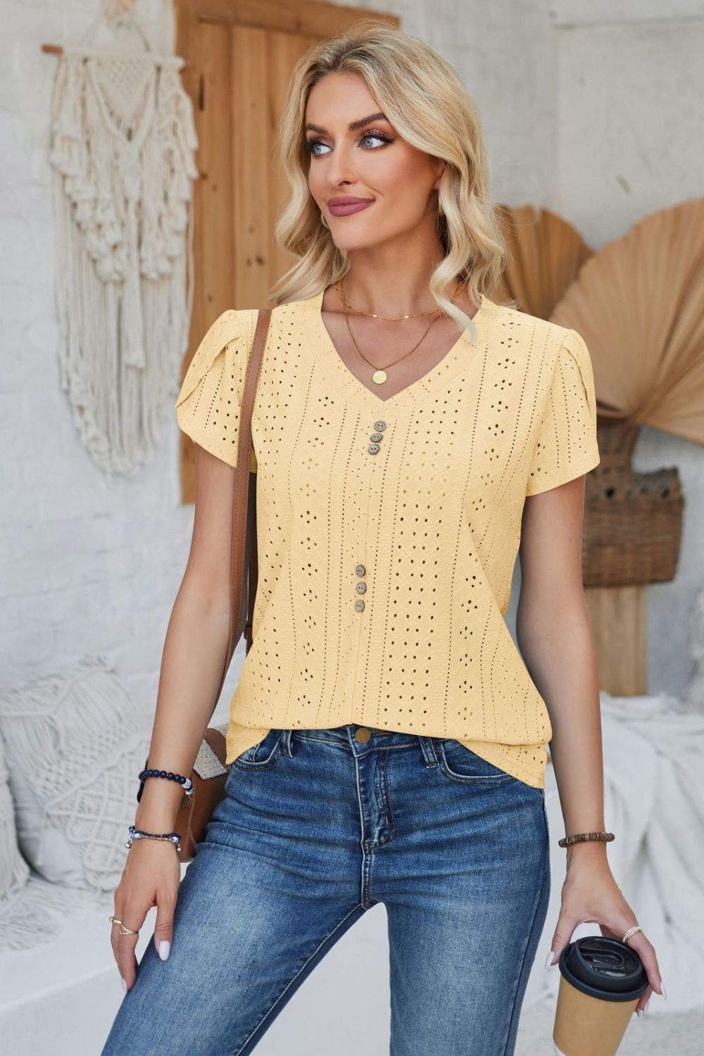 Decorative Button Eyelet V-Neck Short Sleeve T-Shirt-Jewearrings