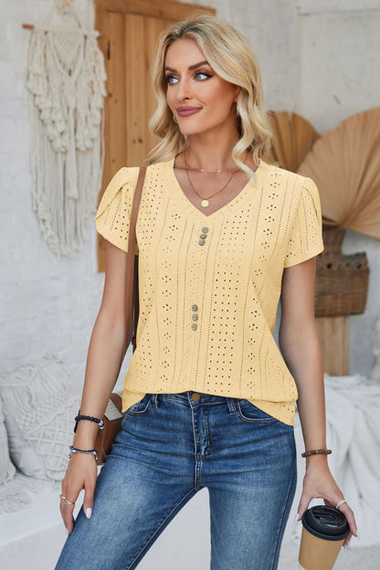 Decorative Button Eyelet V-Neck Short Sleeve T-Shirt-Jewearrings