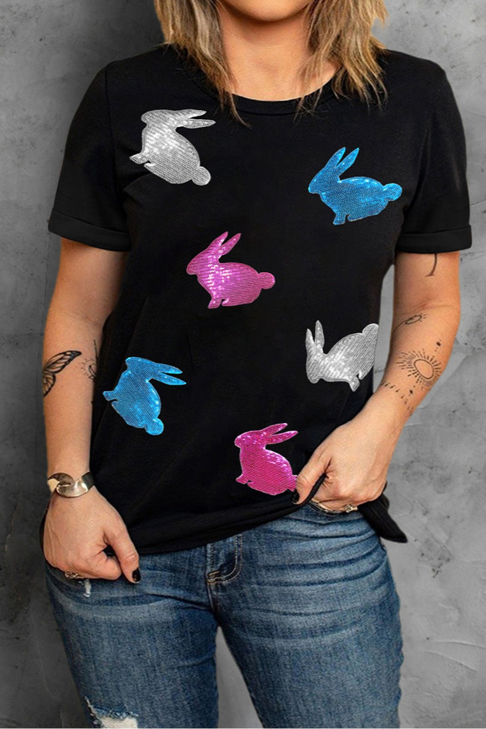 Plus Size Rabbit Round Neck Short Sleeve T-Shirt-Jewearrings