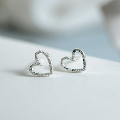 S925 Sterling Silver Earrings Hollow Frosted Heart-shaped Ear Studs-Jewearrings