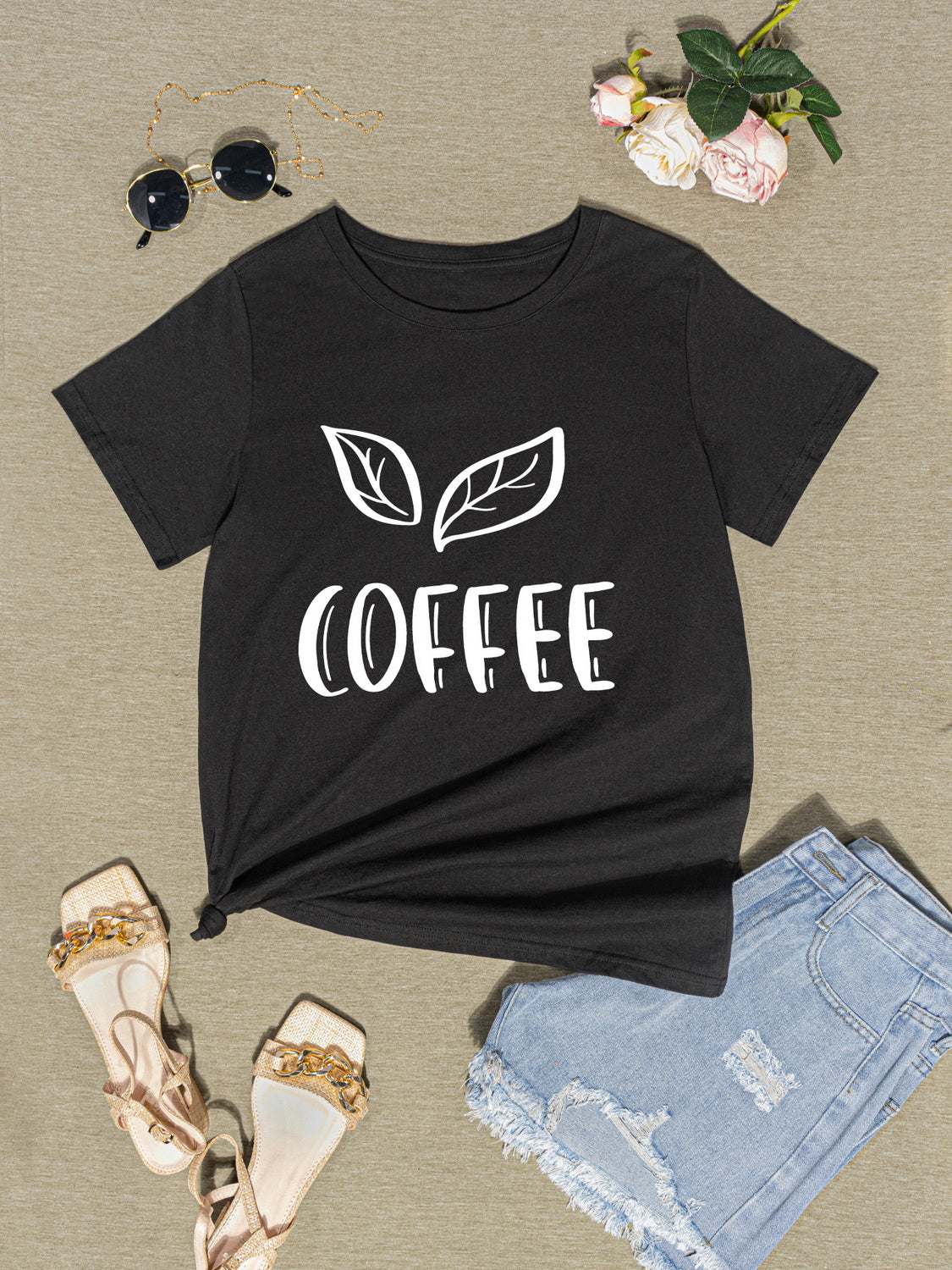 COFFEE Round Neck Short Sleeve T-Shirt-Jewearrings