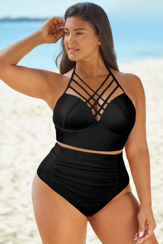 Full Size Halter Neck Crisscross Ruched Two-Piece Swimsuit-Jewearrings