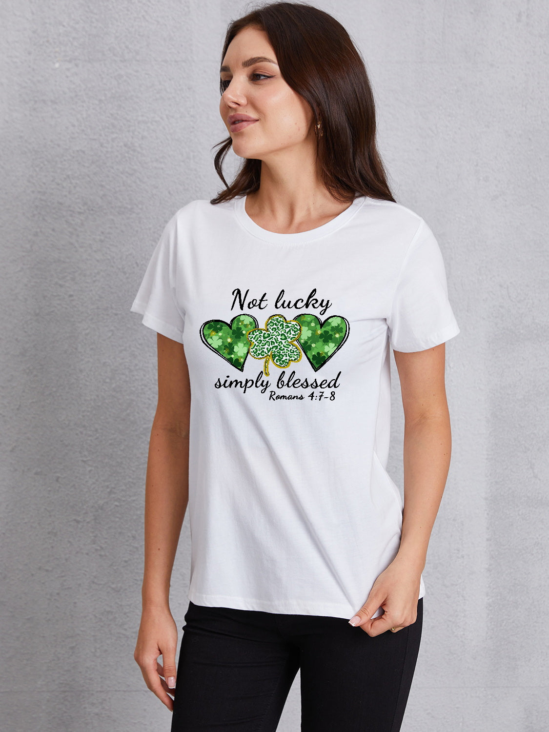 NOT LUCKY SIMPLY BLESSED Heart Round Neck T-Shirt-Jewearrings