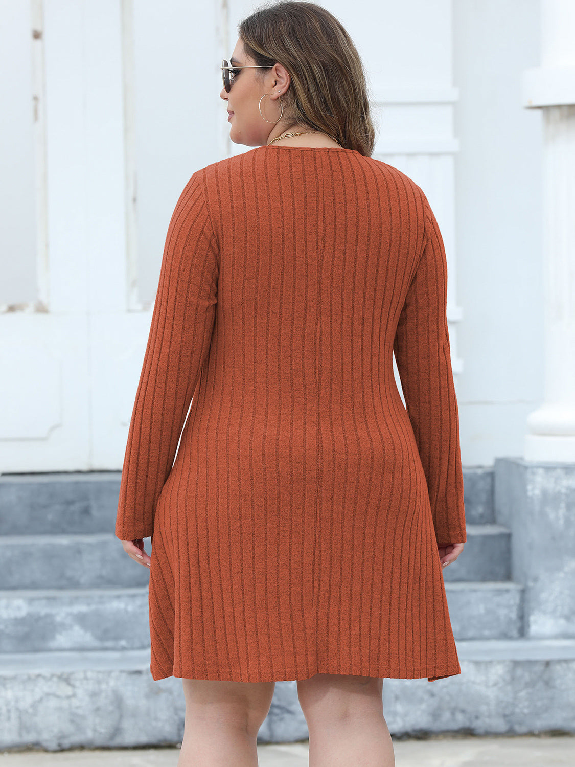 Plus Size Ribbed Buttoned V-Neck Long Sleeve Dress-Jewearrings