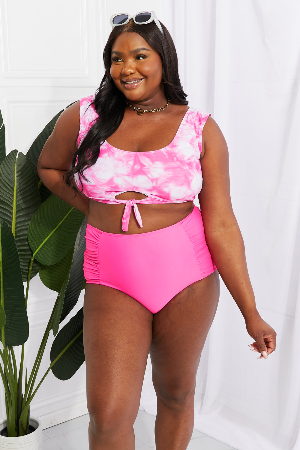 Marina West Swim Sanibel Crop Swim Top and Ruched Bottoms Set in Pink-Jewearrings