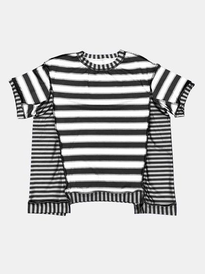 Full Size Contrast Stitching Striped Round Neck T-Shirt-Jewearrings