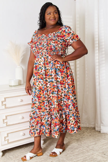 Plus Size Floral Smocked Square Neck Dress-Jewearrings