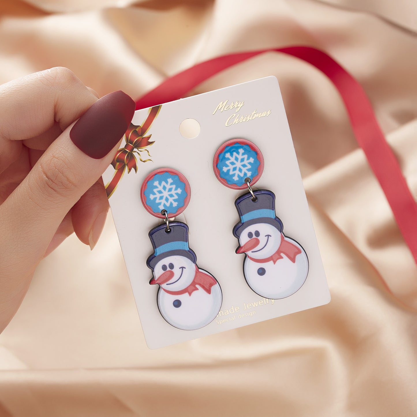 Fashionable Christmas Beard Hooded Scarf Snowman Snowflake Resin Stud Earrings-Jewearrings