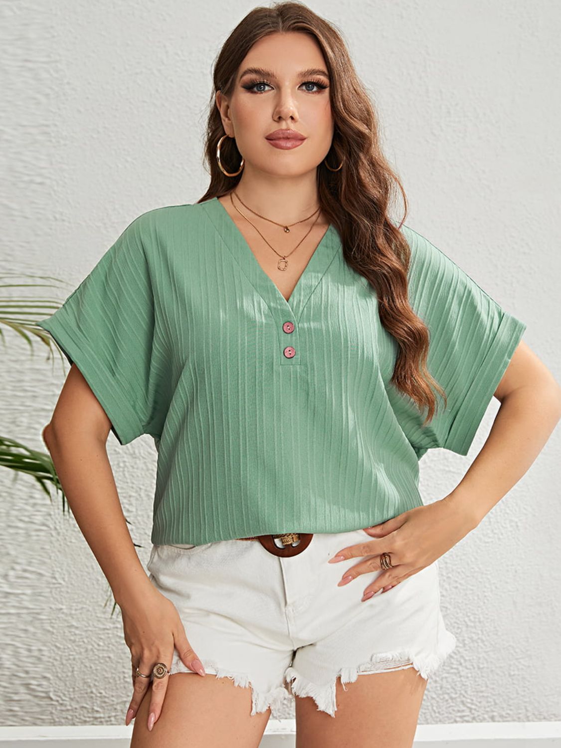 Plus Size Buttoned V-Neck Short Sleeve Top-Jewearrings