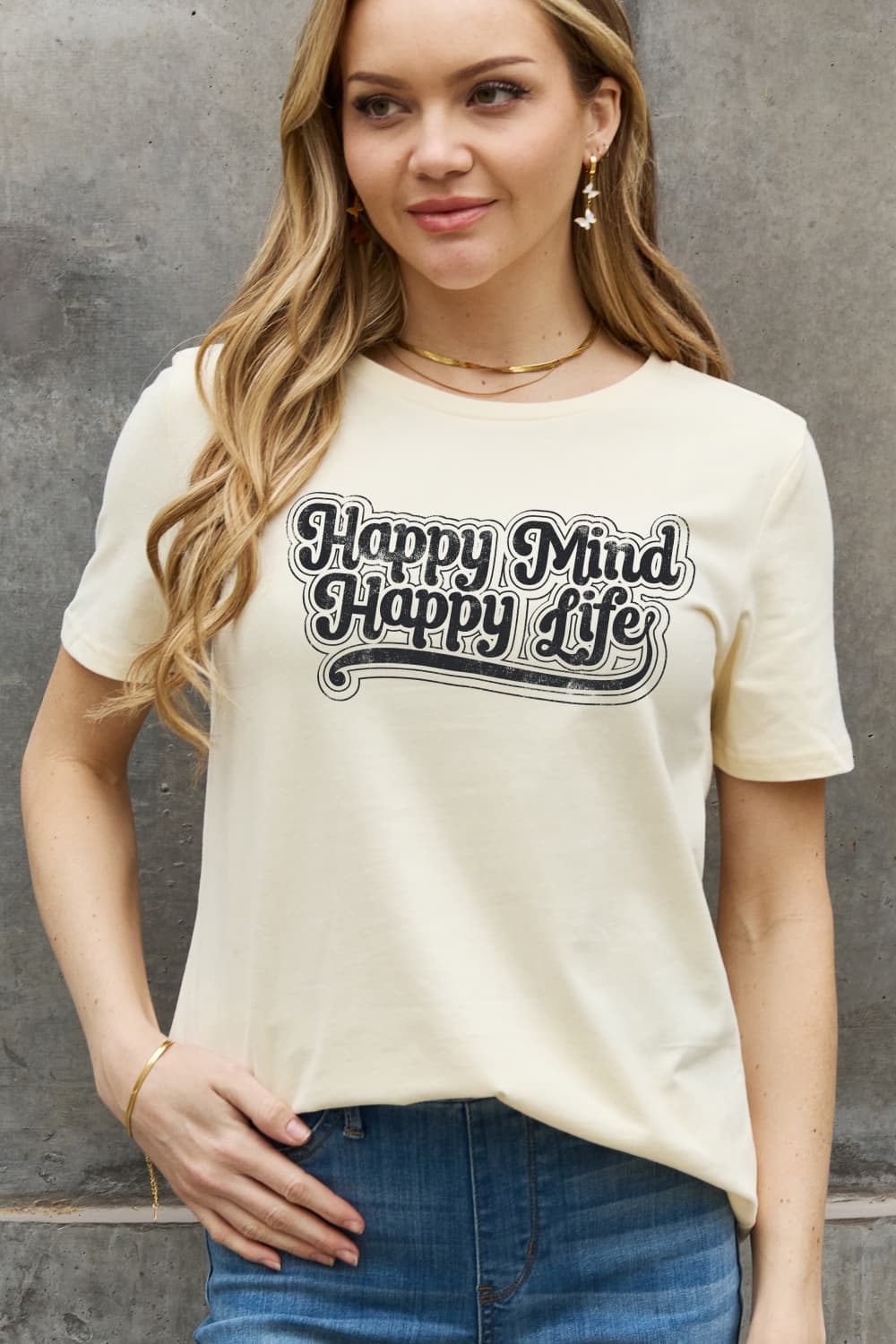 Simply Love Full Size HAPPY MIND HAPPY LIFE Graphic Cotton Tee-Jewearrings