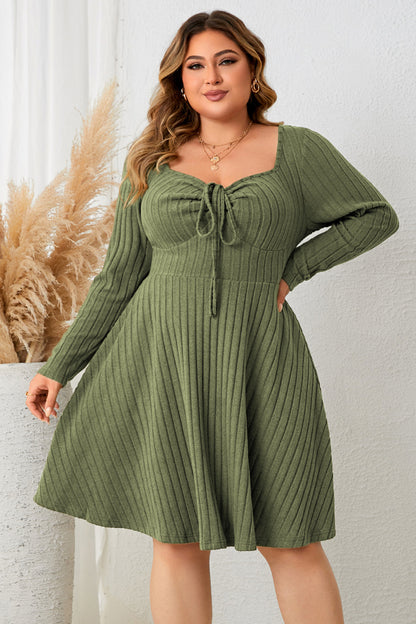 Plus Size Sweetheart Neck Long Sleeve Ribbed Dress-Jewearrings