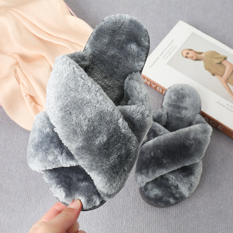 Faux Fur Crisscross Strap Slippers-Jewearrings