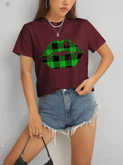 Plaid Lip Graphic Round Neck T-Shirt-Jewearrings