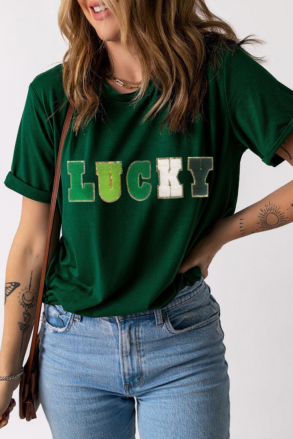 LUCKY Round Neck Short Sleeve T-Shirt-Jewearrings