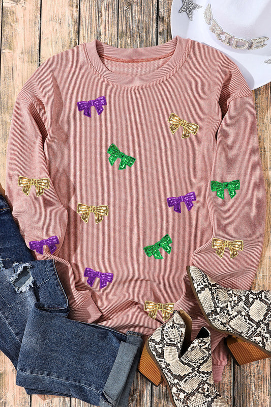 Bow Sequin Round Neck Sweatshirt-Jewearrings