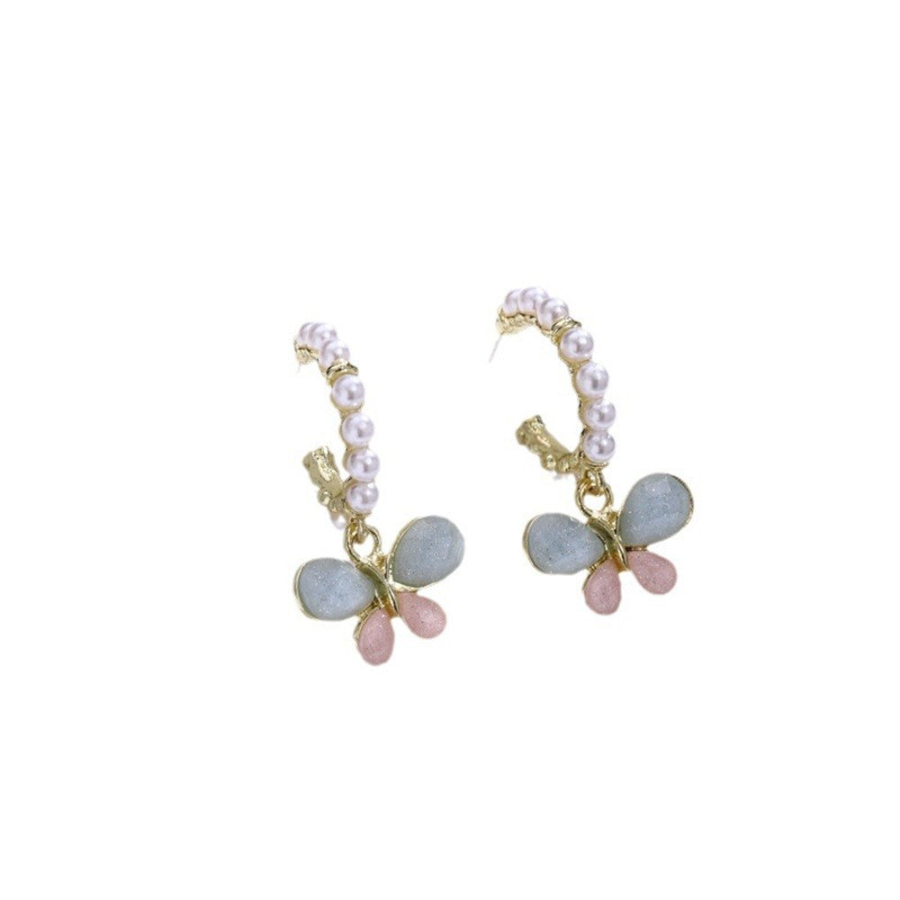 Silver Needle Butterfly Pearl Sweet Earrings Fashion-Jewearrings