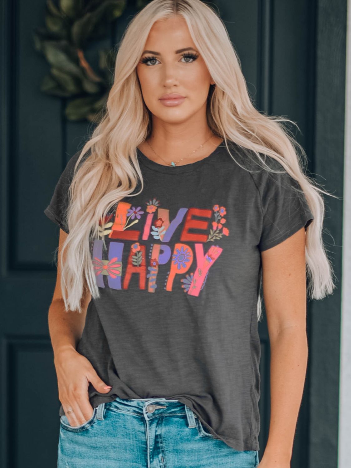 LIVE HAPPY Floral Graphic Tee-Jewearrings