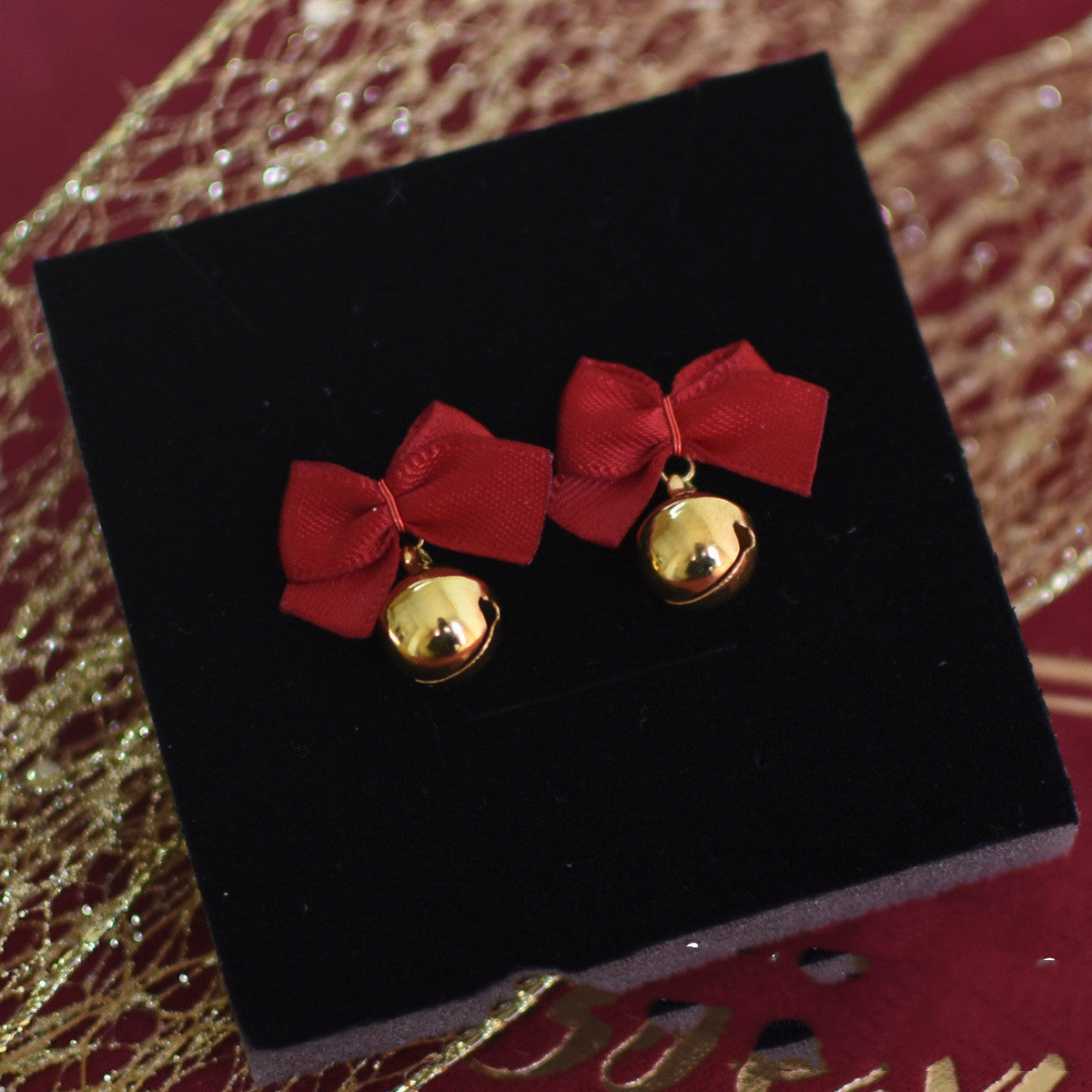 New Year Red Bow Bells Earrings Ear Clips Christmas-Jewearrings