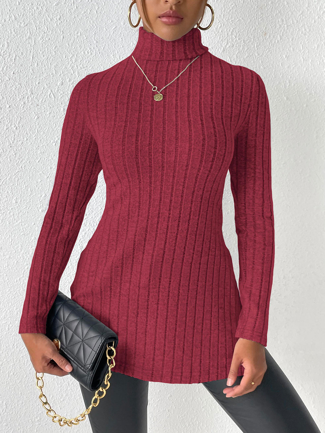 Ribbed Turtleneck Long Sleeve Slit T-Shirt-Jewearrings