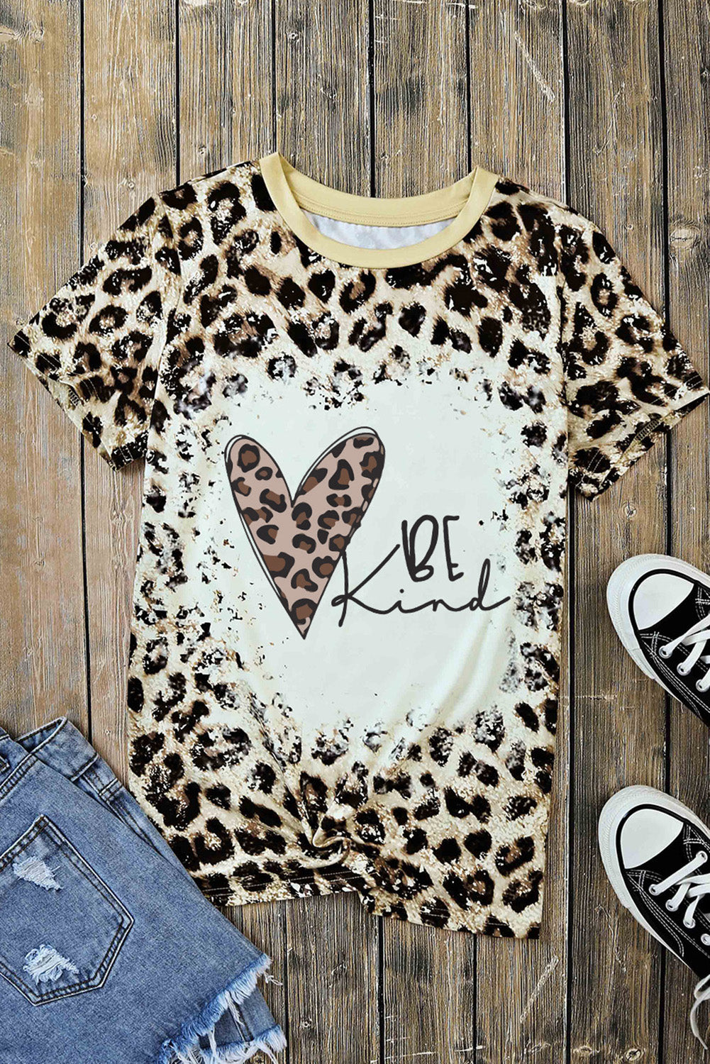 BE KIND Heart Graphic Leopard Round Neck Tee-Jewearrings