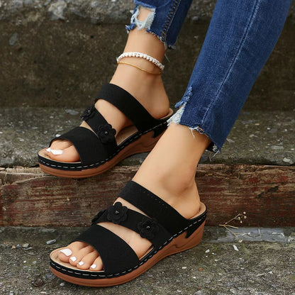 Flower PU Leather Wedge Sandals-Jewearrings