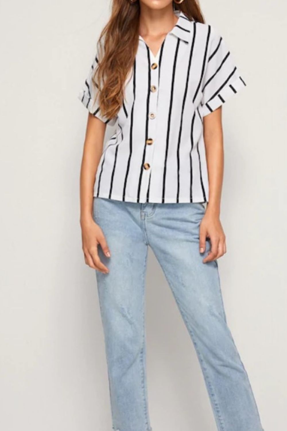 Striped Button Up Short Sleeve Shirt-Jewearrings