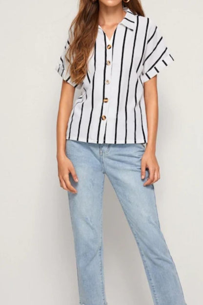 Striped Button Up Short Sleeve Shirt-Jewearrings