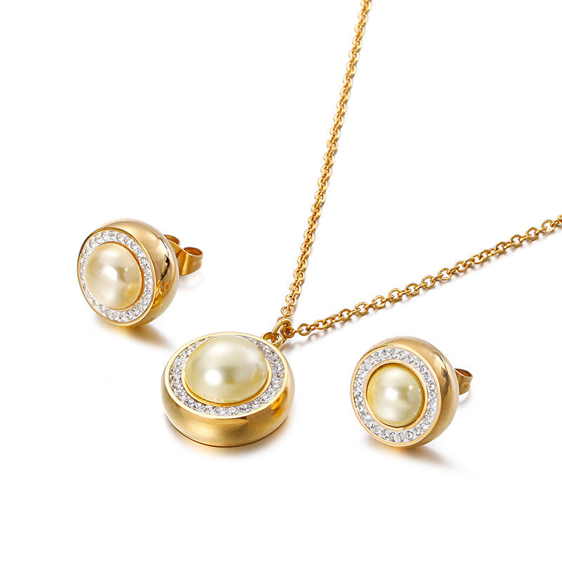 Two-piece Pearl Pendant Set With Diamonds And Earrings-Jewearrings