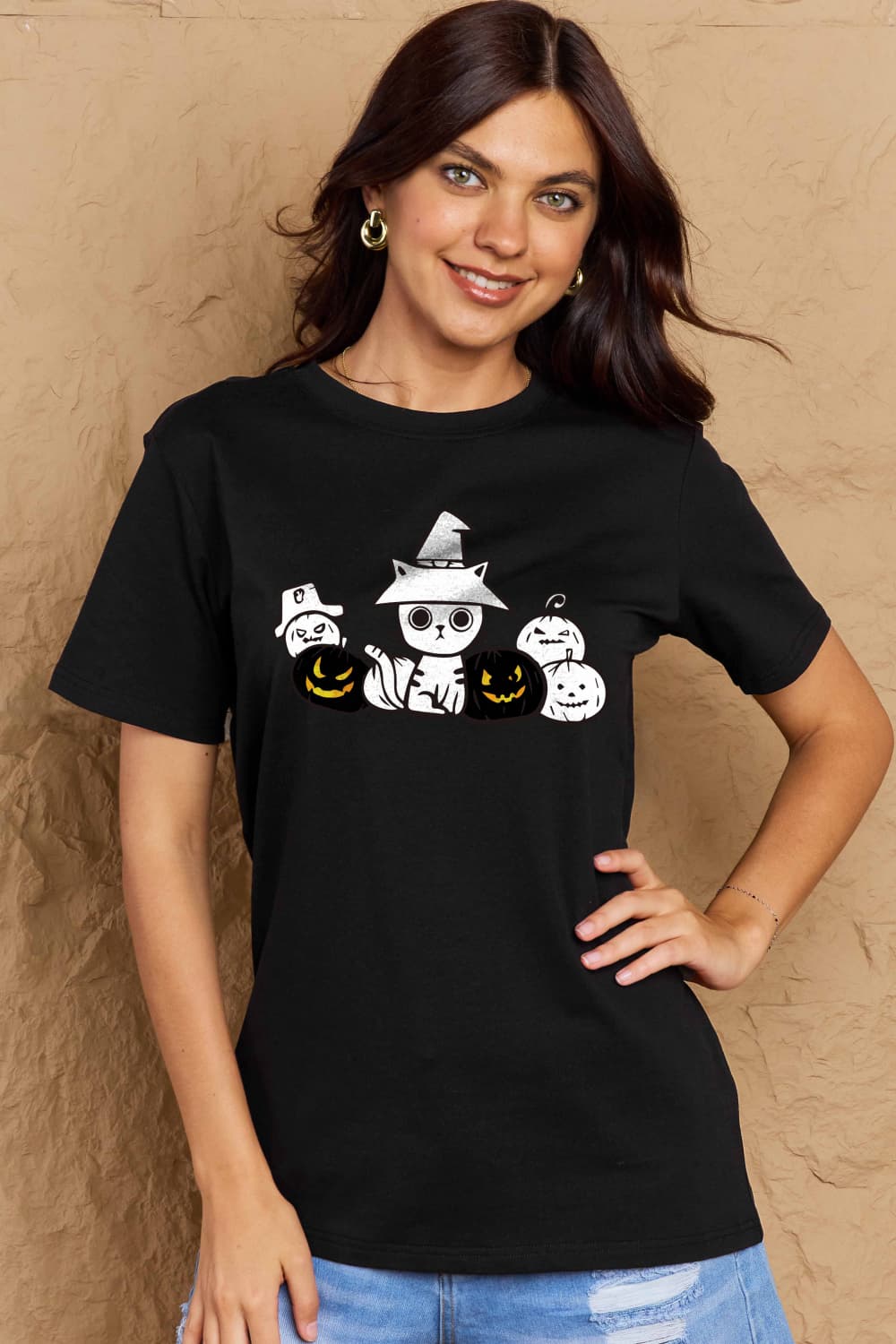 Simply Love Full Size Cat & Pumpkin Graphic Cotton T-Shirt-Jewearrings