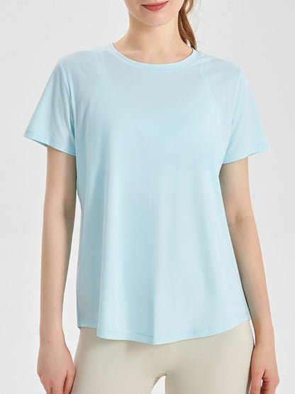 Slit Round Neck Short Sleeve Active T-Shirt-Jewearrings