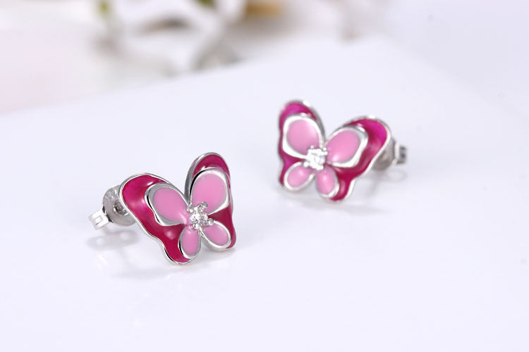 Sterling Silver Butterfly Stud Earrings Elegant Temperament Color-Jewearrings