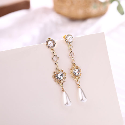 Pearl Earrings Love Rhinestones Long Earrings Women-Jewearrings