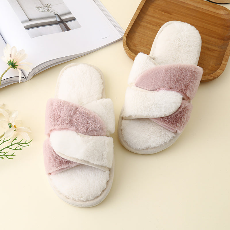 Faux Fur Twisted Strap Slippers-Jewearrings