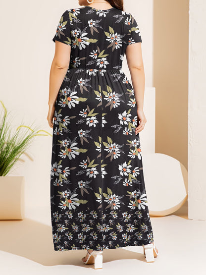 Plus Size Printed Round Neck Short Sleeve Maxi Dress-Jewearrings